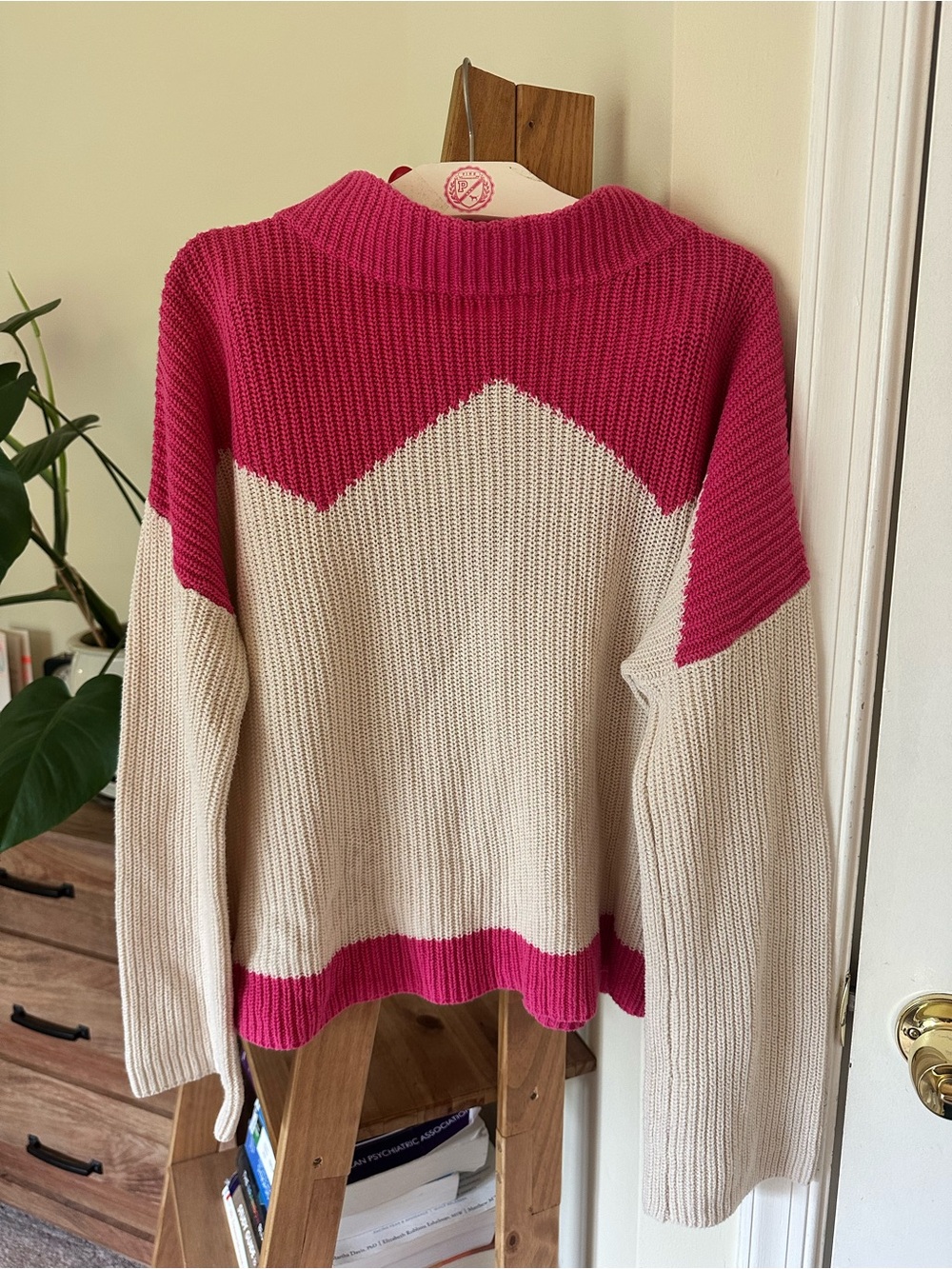 The Reeds x J Crew Women’s Cream and Pink Colorblock Knit Sweater Aprés Ski EUC